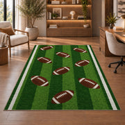 Football Turf Stripe rug in a home office with wooden shelves