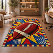 Pop Art Football rug in a home office with wooden shelves
