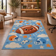 Cute Cartoon Football rug in a home office with wooden shelves
