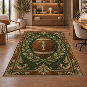 Vintage Leather Football rug in a home office with wooden shelves