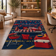 Football Tailgate Party rug in a home office with wooden shelves