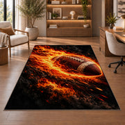 Flaming Football rug in a home office with wooden shelves
