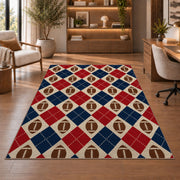 Football Argyle rug in a home office with wooden shelves