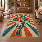 Retro Football Player rug in a home office with wooden shelves