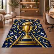 Football Championship Trophy rug in a home office with wooden shelves