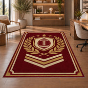 Varsity Football Emblem rug in a home office with wooden shelves