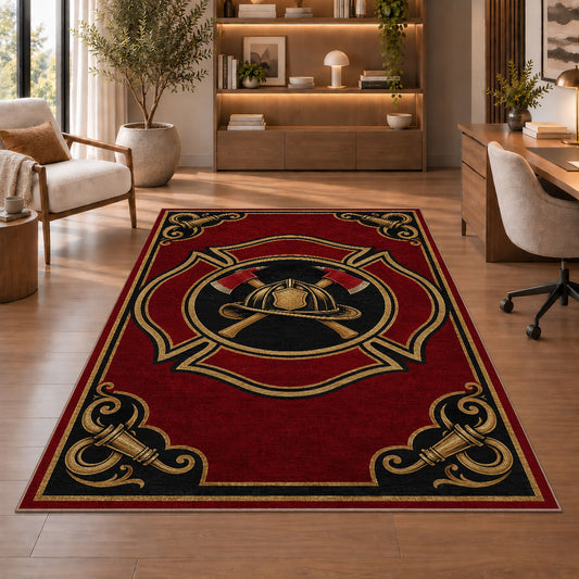Vintage Firefighter Badge rug in a home office with wooden shelves