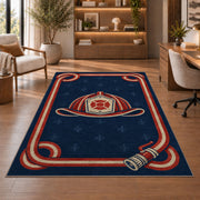 Fire Hose Frame Helmet rug in a home office with wooden shelves