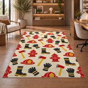 Firefighter Gear Pattern rug in a home office with wooden shelves