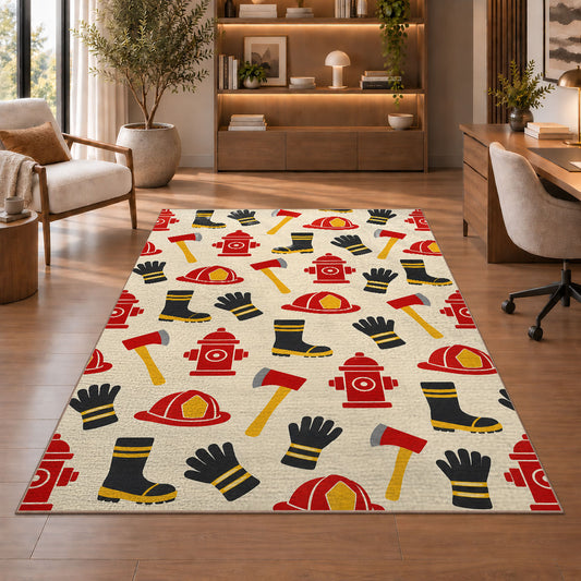 Firefighter Gear Pattern rug in a home office with wooden shelves