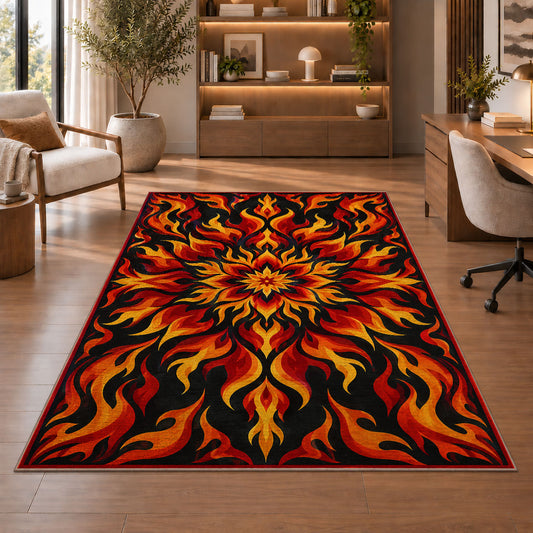Flame Mandala rug in a home office with wooden shelves