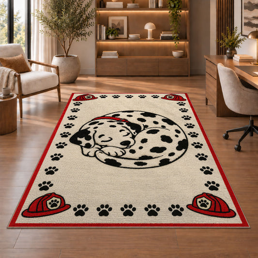 Sleeping Dalmatian rug in a home office with wooden shelves