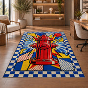 Pop Art Fire Hydrant rug in a home office with wooden shelves