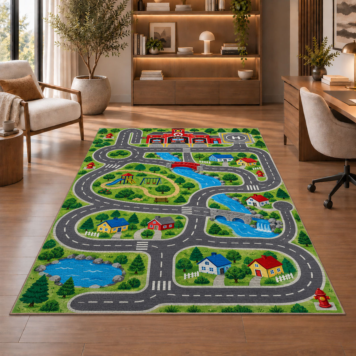 Fire Station Town Road rug in a home office with wooden shelves