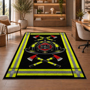 Reflective Stripe Fire Helmet rug in a home office with wooden shelves