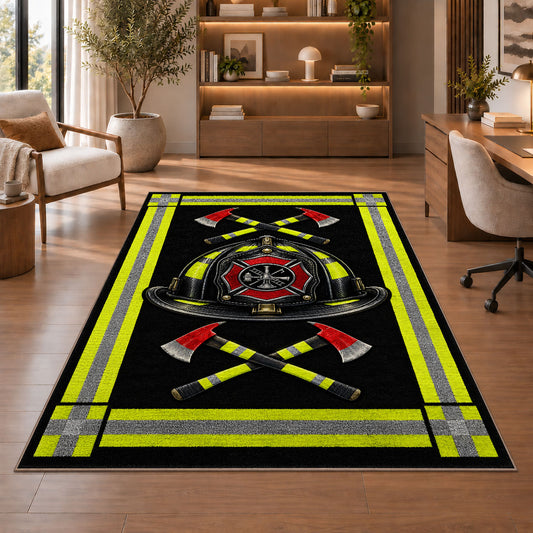 Reflective Stripe Fire Helmet rug in a home office with wooden shelves