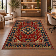 Persian Style Firefighter rug in a home office with wooden shelves