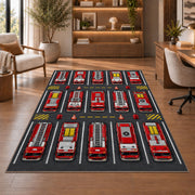 Fire Truck Parking Lot rug in a home office with wooden shelves