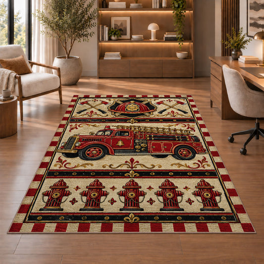 Vintage Fire Truck rug in a home office with wooden shelves
