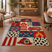 Firefighter Patchwork rug in a home office with wooden shelves