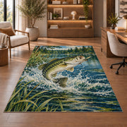 Leaping bass lake rug in a home office with wooden shelves