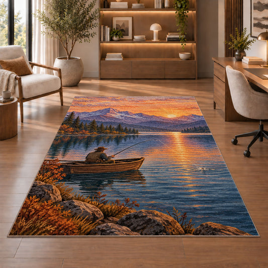 Sunrise fishing boat rug in a home office with wooden shelves
