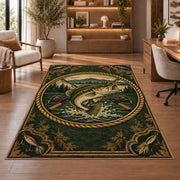 Vintage bass badge rug in a home office with wooden shelves