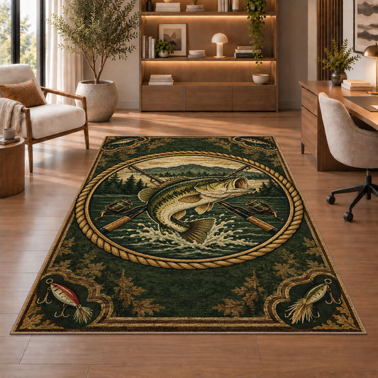 Vintage bass badge rug in a home office with wooden shelves
