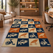 Retro fishing checkered rug in a home office with wooden shelves