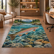 Rainbow trout stream rug in a home office with wooden shelves