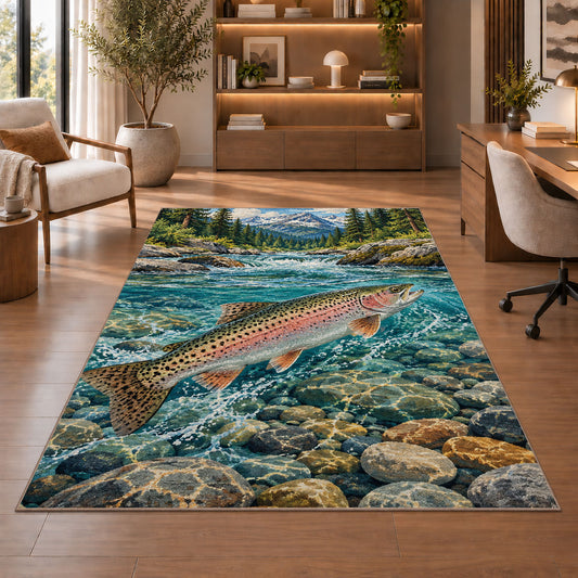 Rainbow trout stream rug in a home office with wooden shelves