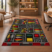 Tackle box rug in a home office with wooden shelves