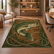 Woodcut bass rug in a home office with wooden shelves