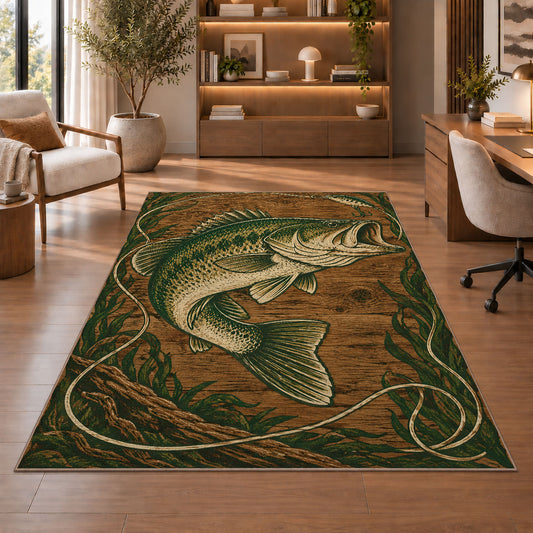 Woodcut bass rug in a home office with wooden shelves
