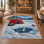 Ice fishing rug in a home office with wooden shelves