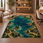 Fishing lake map rug in a home office with wooden shelves