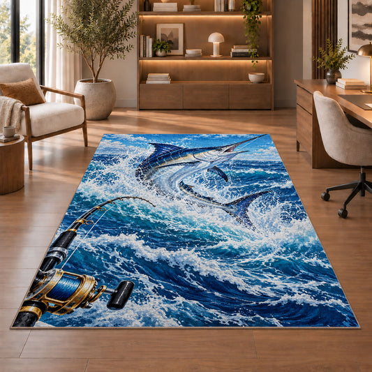 Deep sea marlin rug in a home office with wooden shelves