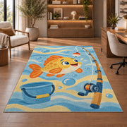 Cartoon fish kids rug in a home office with wooden shelves