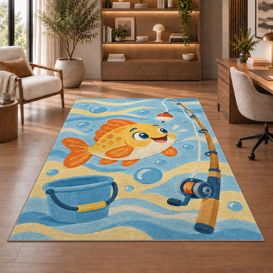 Cartoon fish kids rug in a home office with wooden shelves