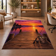 Dock sunset fishing rug in a home office with wooden shelves
