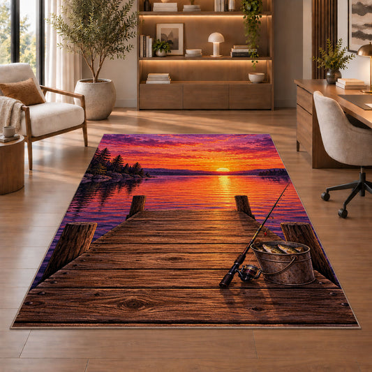 Dock sunset fishing rug in a home office with wooden shelves