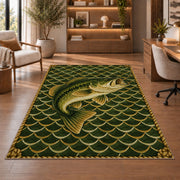 Bass on fish scales rug in a home office with wooden shelves