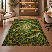 Circle of fish rug in a home office with wooden shelves