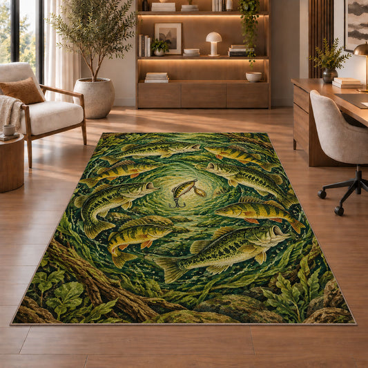 Circle of fish rug in a home office with wooden shelves