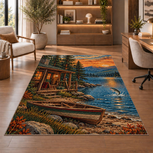 Lakeside fishing cabin rug in a home office with wooden shelves