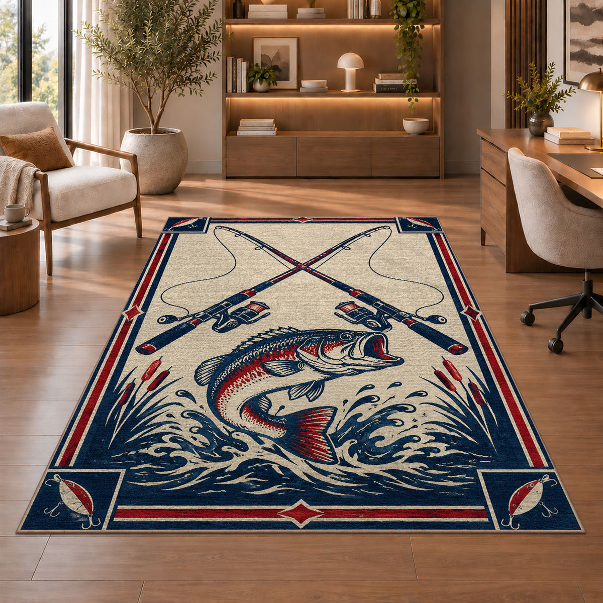 Crossed rods fish emblem rug in a home office with wooden shelves