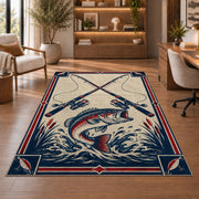 Crossed rods fish emblem rug in a home office with wooden shelves