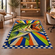 Pop art bass rug in a home office with wooden shelves