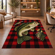 Buffalo plaid bass rug in a home office with wooden shelves