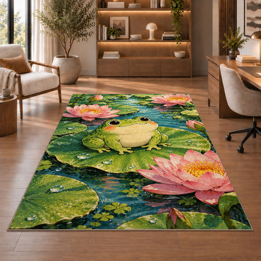 frog on a lily pad rug in a home office with wooden shelves